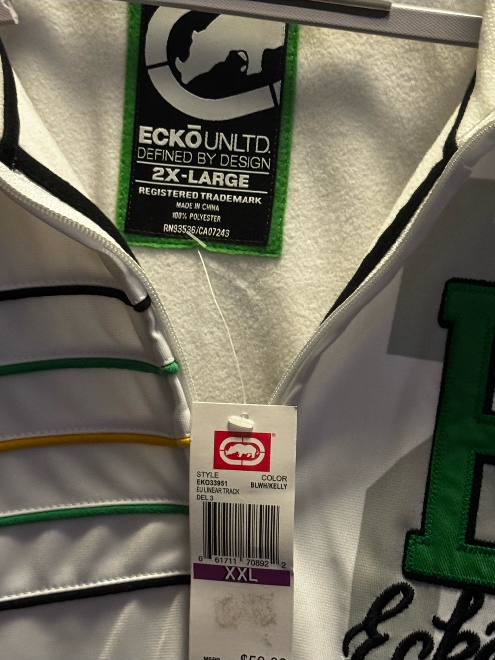 Ecko Unltd White Track Jacket with Kelly Green & Yellow Accents size XXL
